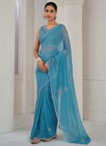 Crush Silk Sky Blue Ceremonial Wear Hand Work Saree